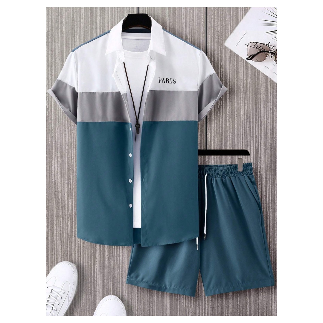 Men'S Fashion Videos - Herenmodepak Blauw en wit patchwork-kleurig enkelrijig